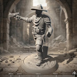May include: A detailed gray figurine of a cowboy figure, holding a pistol in one hand and a gun in the other. The cowboy wears a hat, vest, and boots. The base is 6 inches in diameter. The background is a blurred, aged stone structure.