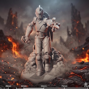 May include: A gray, futuristic robot figurine, standing on a cloud-like base. The robot has a detailed design with a helmet, armor, and a weapon in its right hand. The background features a fiery, volcanic landscape. The figurine is approximately 6 inches tall.