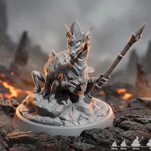 May include: A grey fantasy figurine of a dragon-like creature with a staff, wearing armour and a helmet. The figurine is on a rocky base. The image includes size references from 28mm to 15.24 cm.