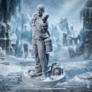 以下が含まれることがあります： 未来的な衣装を着た人物の灰色のフィギュアで、デバイスを持っています。フィギュアは、機械的な詳細を備えた円形のベースに立っています。背景には、建築物の遺跡がある雪と氷の風景が描かれています。ベースの直径は15.24 cmです。