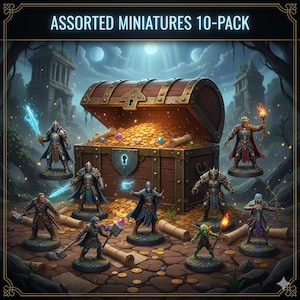 May include: Assorted miniatures 10-pack. A treasure chest filled with gold coins is surrounded by ten miniature fantasy figures. The figures include warriors, wizards, and archers. The scene is set against a detailed fantasy backdrop with the text 'Assorted Miniatures 10-Pack'.