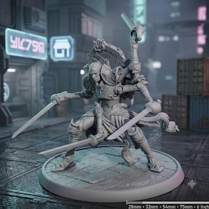 May include: A grey unpainted miniature figurine of a multi-armed warrior standing on a circular base. The figure wears ornate armour, holds three swords, and features a mechanical back attachment. A scale bar at the bottom shows 28mm to 6 inches.