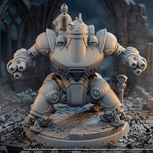 Può includere: Modello grigio dettagliato di un robot futuristico con più canne di pistola su ogni braccio. Il robot ha un corpo arrotondato, gambe articolate e una testa cilindrica. Il modello è alto 15,24 cm e poggia su una base circolare.