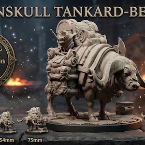 Puede incluir: Miniatura detallada de RPG de mesa de una criatura con cabeza de calavera montada en un animal grande. La miniatura está etiquetada como "ROONSKULL TANKARD-BEARER" y es compatible con DND y Pathfinder. Tamaños: 28 mm, 32 mm, 54 mm, 75 mm y 15,24 cm.