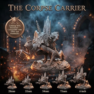 Könnte beinhalten: Detaillierte Miniatur von "The Corpse Carrier" für Tabletop-Rollenspiele, kompatibel mit DND und Pathfinder. Die Figur ist ein groteskes Wesen mit einem skelettartigen Gesicht, das eine große, verzierte Struktur auf dem Rücken trägt. Mehrere kleinere Versionen werden angezeigt, von 28 mm bis 6 Zoll (15,24 cm).
