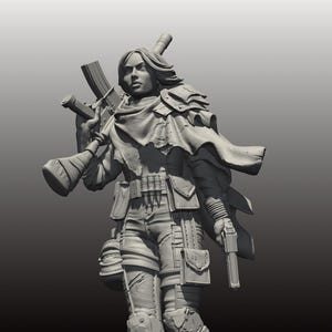以下が含まれることがあります： 終末世界の衣装を着た女性キャラクターのグレースケールフィギュア。ライフルとピストルを持ち、マントとタクティカルギアを着用しています。このフィギュアは決意した表情をしており、戦士をテーマにしているようです。