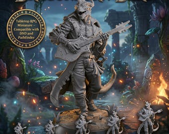 Dragon Bard Miniature Dark Fantasy Musician Spellcaster Resin Figure for Tabletop RPG DnD 28mm 32mm 54mm 75mm 6in