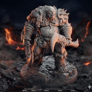May include: A detailed, gray-toned figurine of a muscular orc warrior, posed on a rocky base. The orc is heavily armored with fur accents, spiked shoulder pads, and wields a large, curved blade. The base measures 6 inches in length.