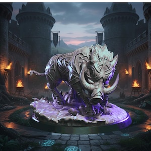 May include: A detailed sculpture of a boar with large tusks, intricately designed with interwoven patterns. The boar is set on a circular base with a purple glow, against a backdrop of a castle and torches.