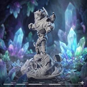 May include: A detailed grey robot figurine, standing on a rocky base, with intricate mechanical details. The robot is surrounded by large, colourful crystal formations. The base measures 5.4cm x 7.5cm, and the height is approximately 15.2cm.