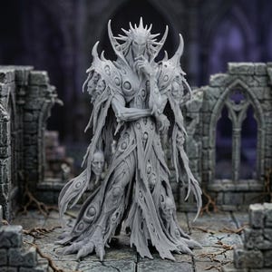 May include: A light gray resin miniature figure of a tall, slender humanoid entity with a spiky crown, wearing a flowing, tattered robe adorned with multiple sculpted human faces and eye-like patterns, standing in a contemplative pose.