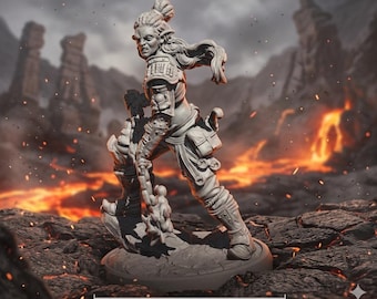 May include: A detailed, gray figurine of a female warrior in a dynamic pose, holding a large axe. The figure is set against a fiery, volcanic backdrop. Measurements are 28mm, 32mm, 54mm, 75mm, and 6 inches.