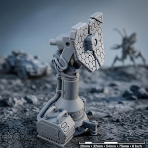 May include: A gray miniature radar dish with a hexagonal grid pattern on the face, mounted on a cylindrical base with external piping and a rectangular power unit. A scale bar at the bottom indicates sizes of 28mm, 32mm, 54mm, 75mm, and 6 inch.