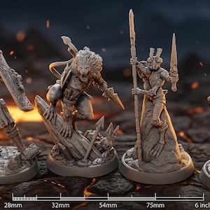 May include: A collection of six detailed miniature figurines of fantasy warriors, each posed with weapons and armor. The figures are in shades of gray and brown, with measurements in inches along the bottom. The background features a fiery, blurred landscape.