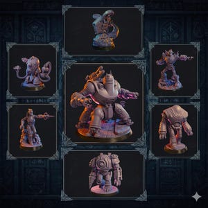 May include: A selection of seven miniature robot figurines in different poses. The robots are mainly grey with intricate mechanical details. Each figurine is presented within a decorative frame against a dark backdrop.