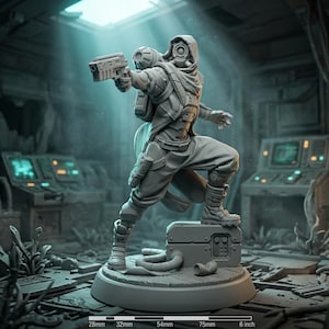 May include: A gray figurine of a futuristic soldier in a combat pose, holding a gun. The figure is wearing a hooded outfit with a gas mask and is standing on a platform. The setting appears to be a sci-fi interior.