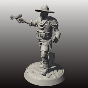May include: A gray 3D-printed figurine of a cowboy in a hat, holding a pistol in his right hand and another in his left. The cowboy wears a vest, shoulder armor, and knee pads. The figure stands on a circular base with a textured surface.
