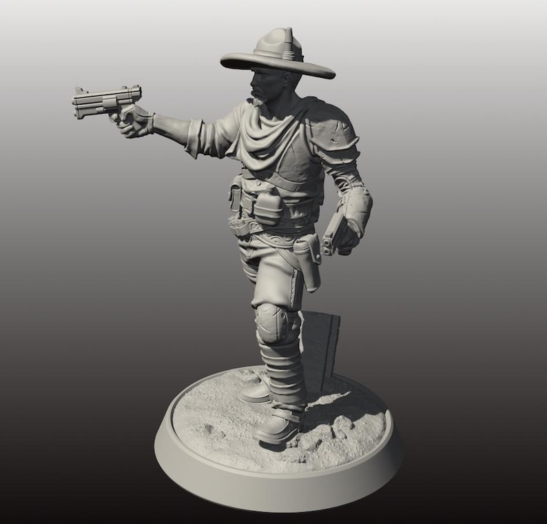 May include: A gray 3D-printed figurine of a cowboy in a hat, holding a pistol in his right hand and another in his left. The cowboy wears a vest, shoulder armor, and knee pads. The figure stands on a circular base with a textured surface.