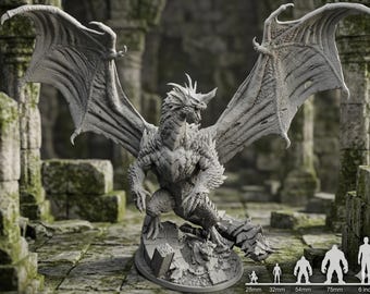Miniatura de dragón alado antiguo – Figura de dragón de fantasía oscura – Monstruo de rol – Resina de 28 mm, 32 mm, 54 mm, 75 mm y 6,5 pulgadas