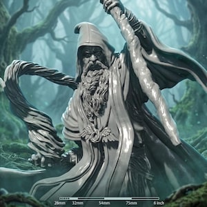 May include: A gray statue of a wizard with a long beard, holding a staff and wearing a hooded robe. The statue is 6 inches tall and is set against a blurred forest background. The wizard's staff is raised, and the statue has intricate details.