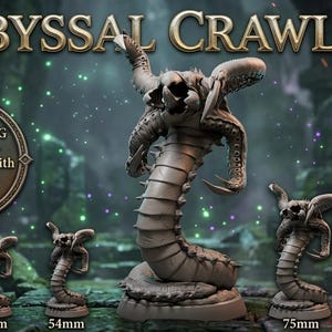 Puede incluir: Miniaturas grises detalladas del Abyssal Crawler, criatura con cuerpo segmentado, cuernos y tentáculos. Disponibles en varios tamaños, incluyendo 6 pulgadas, 75 mm, 54 mm, 32 mm y 28 mm. El texto dice "Tabletop RPG Miniature - Compatible with DND and Pathfinder."