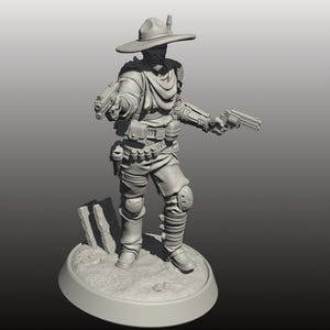 May include: A gray figurine of a figure in a wide-brimmed hat, holding two pistols. The figure is wearing a scarf, utility belt, and knee pads. The figure is standing on a circular base with a small rock formation.