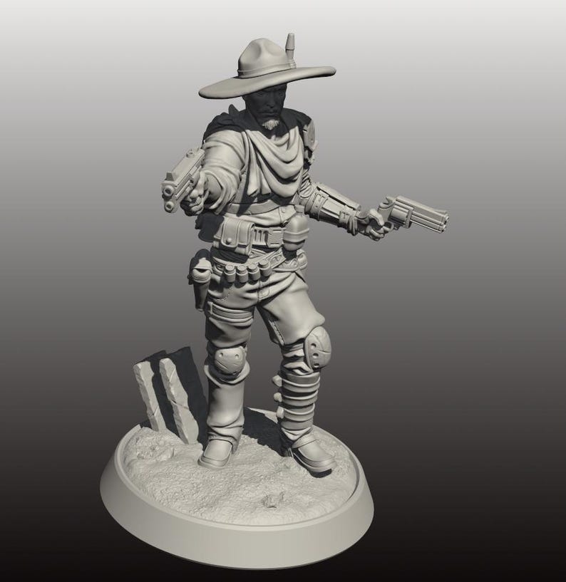 May include: A gray figurine of a figure in a wide-brimmed hat, holding two pistols. The figure is wearing a scarf, utility belt, and knee pads. The figure is standing on a circular base with a small rock formation.