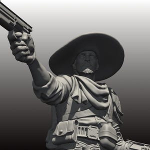 May include: A grayscale statue of a figure in a wide-brimmed hat, holding a handgun. The figure has a beard and is wearing a vest, shoulder armor, and a belt with pouches. The statue is set against a gradient background.