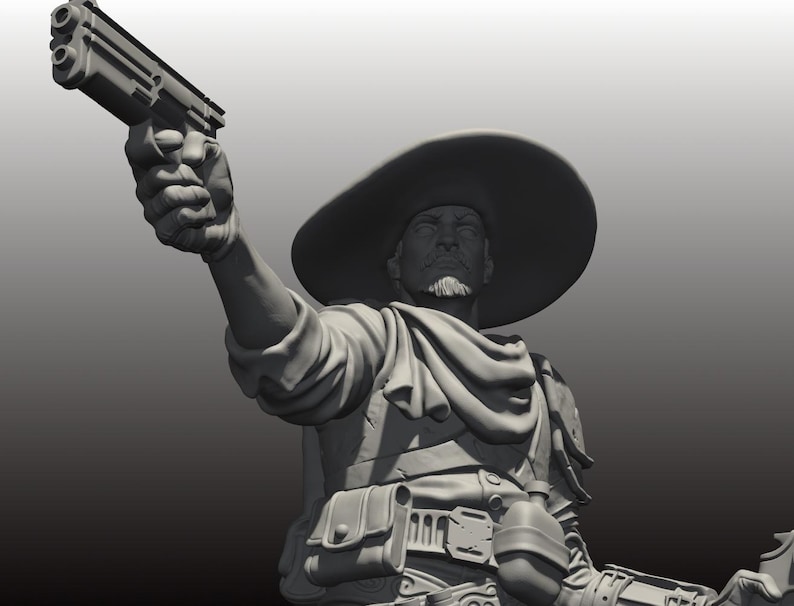 May include: A grayscale statue of a figure in a wide-brimmed hat, holding a handgun. The figure has a beard and is wearing a vest, shoulder armor, and a belt with pouches. The statue is set against a gradient background.