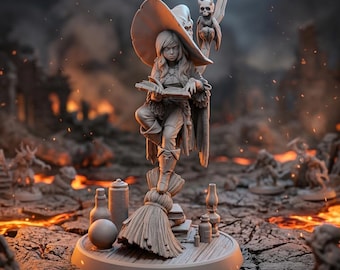 Miniatur einer jungen Hexe, Zauberlehrling aus der Welt der Arkanen Magie, Fantasy-Rollenspiel-Figur aus Kunstharz (DnD)