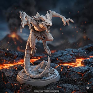May include: A detailed, gray dragon miniature with a serpentine tail, horns, and outstretched claws. The dragon is posed on a circular base, set against a backdrop of a volcanic landscape. The base is 6 inches in diameter.