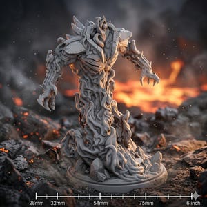 May include: A gray, detailed fantasy figurine of a humanoid creature with a flowing, textured body and armor-like elements. The figure stands on a rocky base, with a fiery background. The base is 6 inches in diameter.