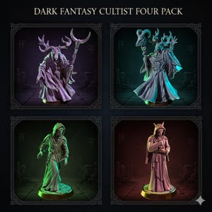 May include: Four miniature figures of dark fantasy cultists. Each figure is in a different pose and has unique details, including horned masks, robes, and staffs. The figures are in a square frame with the text "DARK FANTASY CULTIST FOUR PACK" at the top.