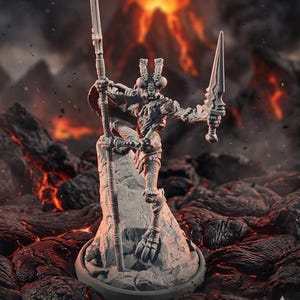 May include: A detailed, gray figurine of a humanoid insect warrior, holding a spear and a sword. The figure stands on a rocky base, set against a fiery, volcanic backdrop. The base measures 6 inches in diameter. The overall design suggests a fantasy or gaming theme.