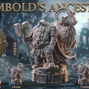 May include: A detailed image of a tabletop RPG miniature set, featuring a central figure with a hammer and a ram-like creature. The text reads "GROMBOLD'S ANCESTRESS". Various sizes are displayed, including a 6-inch model, and smaller versions in 28mm, 32mm, 54mm, and 75mm.