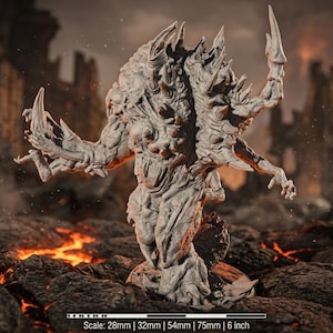 May include: A detailed, gray monster figurine with multiple arms and sharp protrusions. The creature stands on a rocky surface with a fiery background. The scale is 6 inches.