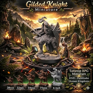 Armored Knight Miniature with Sword and Shield – Fantasy Warrior RPG Tabletop 28mm 32mm 54mm 75mm 6 Inch Statue