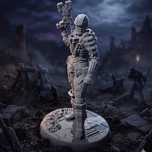 May include: A gray figurine of a futuristic soldier, holding a weapon. The figure is standing on a circular base. The base measures 6 inches in diameter. The soldier is wearing detailed armor and a helmet. The background shows a dark, desolate landscape.