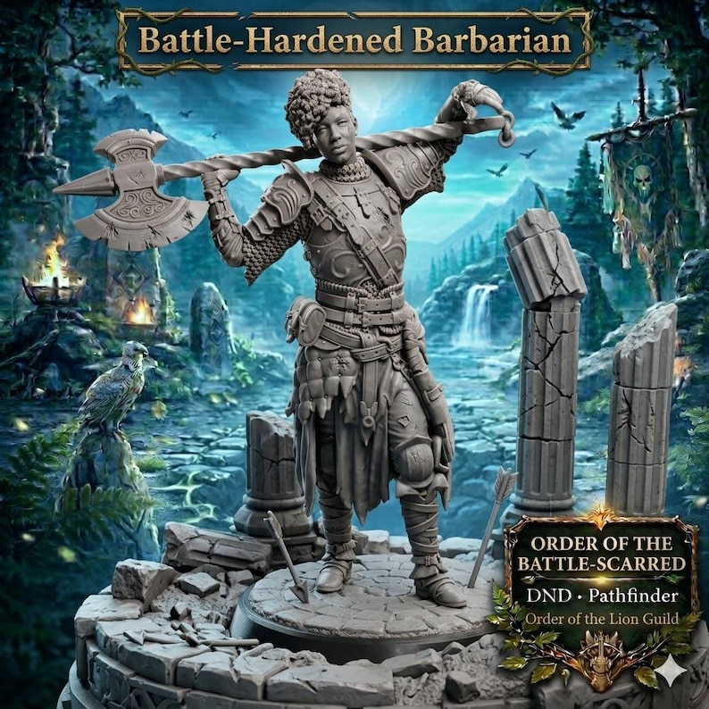 Fantasy Kriegerin mit Großaxt Resin Miniatur – 28 mm, 32 mm, 75 mm & 6.5” Statue | Rollenspiel Kämpfer Held | Tabletop Figur Bild 1
