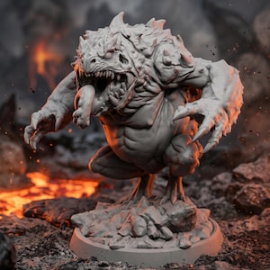 May include: A detailed, gray monster figurine with sharp teeth, claws, and a long tongue. The creature is posed in a crouching position on a rocky base. The background features a fiery, volcanic landscape. The base is 6 inches in diameter.