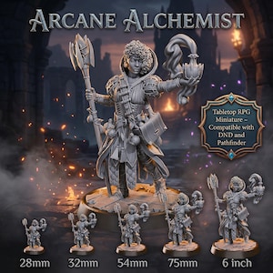 May include: A gray miniature figure of an Arcane Alchemist, holding a staff and a potion bottle. The figure is part of a tabletop RPG set, with sizes ranging from 28mm to 6 inches. The image includes the text "Arcane Alchemist" and "Tabletop RPG Miniature - Compatible with DND and Pathfinder."