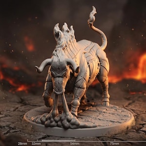 May include: A detailed, gray figurine of a bull with flames emanating from its head and tail. The bull has a mechanical appearance with armor-like plating. The figurine is approximately 6 inches in height and stands on a circular base.