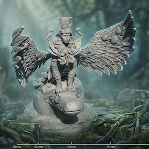 May include: A detailed, gray figurine of a winged figure seated on a creature, possibly a hippopotamus. The figure has elaborate headwear and snake-like adornments. The wings are large and feathered. The base of the figurine measures approximately 6 inches.