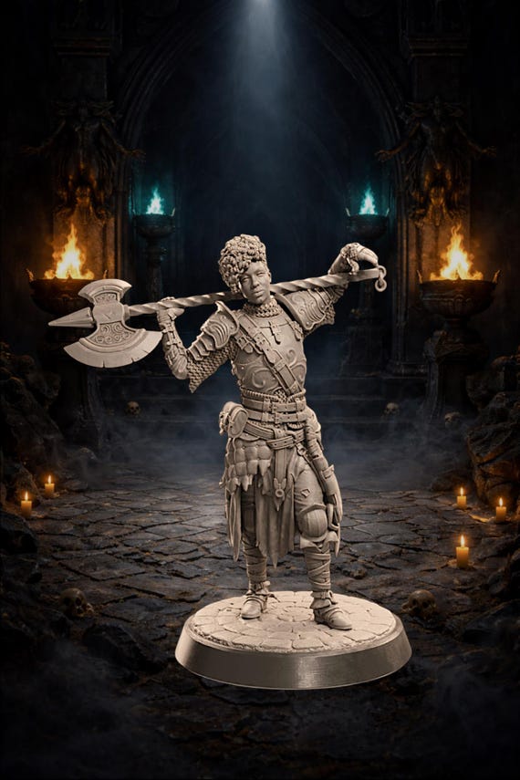 Fantasy Warrior Woman with Great Axe Resin Miniature – 28mm, 32mm, 75mm & 6.5” Statue | RPG Fighter Hero | Tabletop Figure