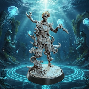May include: A detailed gray figurine of a skeletal pirate with a knife, standing on a wooden platform. The pirate is surrounded by aquatic elements, including jellyfish and an underwater background with ruins.