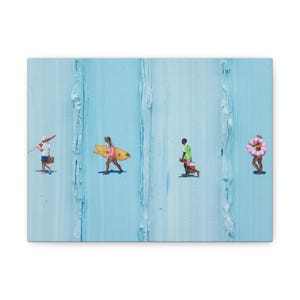 May include: An abstract painting featuring four figures on a light blue background. One figure carries a surfboard, another a cooler, and another a beach umbrella. A fourth figure wears a pink inflatable ring. The painting has vertical textured lines.