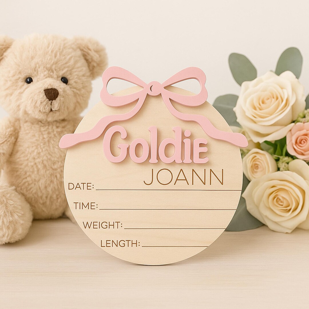 Bow Baby Announcement Sign With Birth Stats, Matching Name Plate, Baby ...