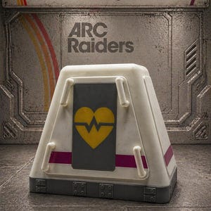 May include: A white, trapezoid-shaped container with a grey base and accents. The container features a yellow heart symbol on a grey panel and the text "ARC Raiders" above. The background is a metallic wall with additional text.