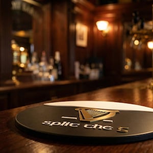 Op de afbeelding: Een zwart-witte Guinness bierviltje met het logo van het merk en de tekst "split the G" op een houten bar. De achtergrond toont een zwak verlichte bar met flessen en een lamp.