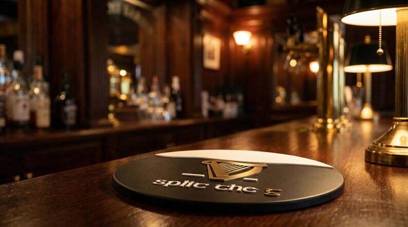 Op de afbeelding: Een zwart-witte Guinness bierviltje met het logo van het merk en de tekst "split the G" op een houten bar. De achtergrond toont een zwak verlichte bar met flessen en een lamp.